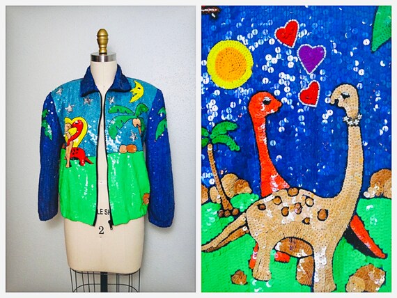 RARE 80s Sequin Jacket // Abstract Dino Lovers Em… - image 1