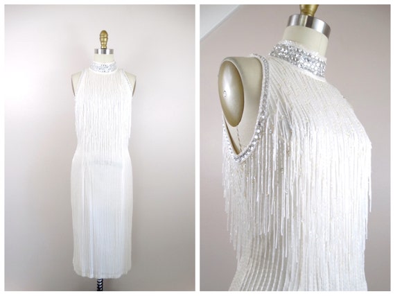 Fringed Beading Dress / White Fringe Beaded Dress… - image 9