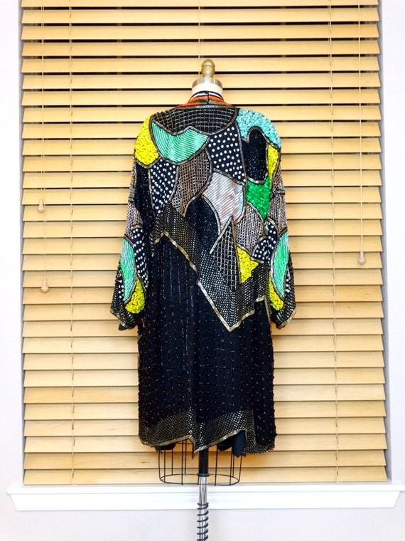 O/S Neon Sequin Duster Jacket / Hand Beaded Long … - image 4