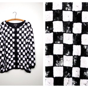 VTG Checker Sequined Jacket // RETRO Black & White Checkerboard Sequin Jacket