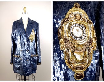 EXTRAVAGANT Sequin Blazer // Ornate Gold Button Navy Blue and Gold Beaded Dress Coat // Fully Sequined Long Jacket w/ Pockets