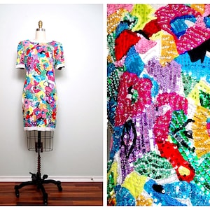 Bright Floral Sequin Dress / Rare Rainbow Beaded Dress by Black Tie Oleg Cassini US 6