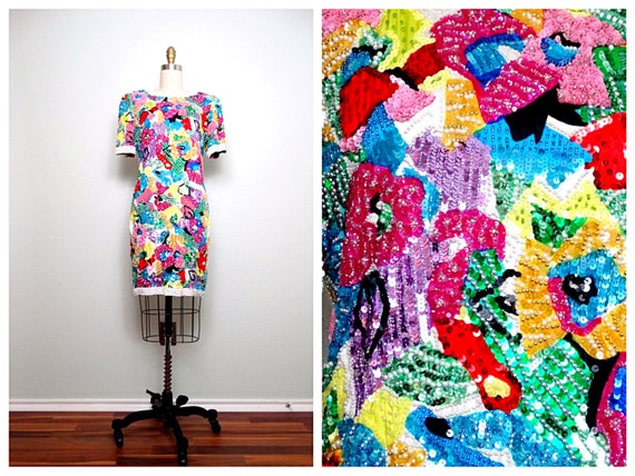 Abstract Floral Sequin Dress / Rare Bright Rainbo… - image 1