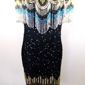 80s Gold Fringed Beaded Sequin Dress // Fringe Gatsby Flapper Dress // Gold Embellished Mini Dress image 5