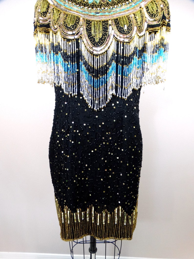 80s Gold Fringed Beaded Sequin Dress // Fringe Gatsby Flapper Dress // Gold Embellished Mini Dress image 5