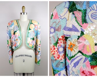 HEAVILY Beaded Fully Sequined Jacket // Very Heavy Pastel Pearl Beaded Sequin Floral Open Bolero M/L