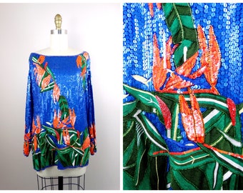 RARE Bird of Paradise Sequined Top • Vintage Couture Sequin Designer Top • Exotic Orange Floral Tunic