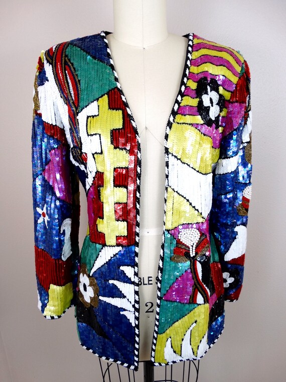 RARE Colorblock Beaded Jacket / Retro Rainbow Emb… - image 4