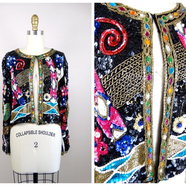 S/M Jewel Sequined Evening Jacket / Multicolored Sequined Blazer / Jeweled Cropped Bolero