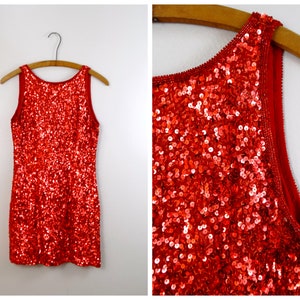 XS/S Red Sequin Mini Dress // Bright Sparkly Vintage Cocktail Party Dress