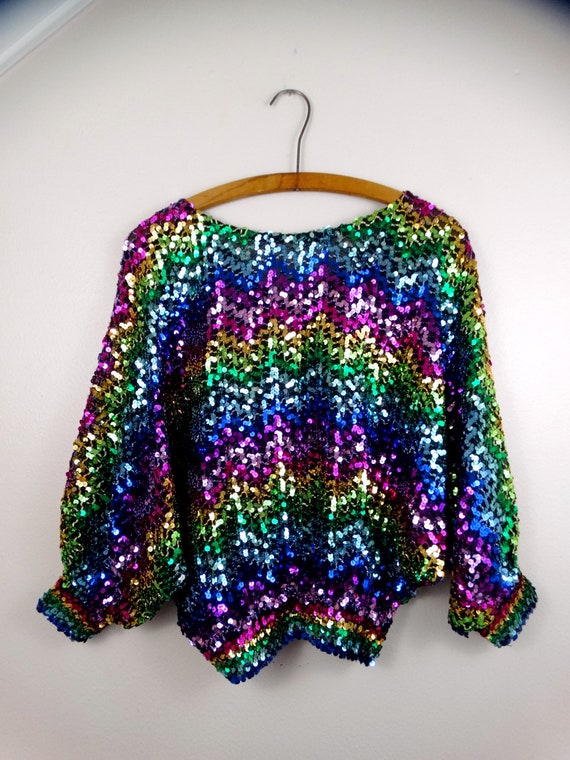 70s Rainbow Stripe Sequin Oversized Pullover Blou… - image 3
