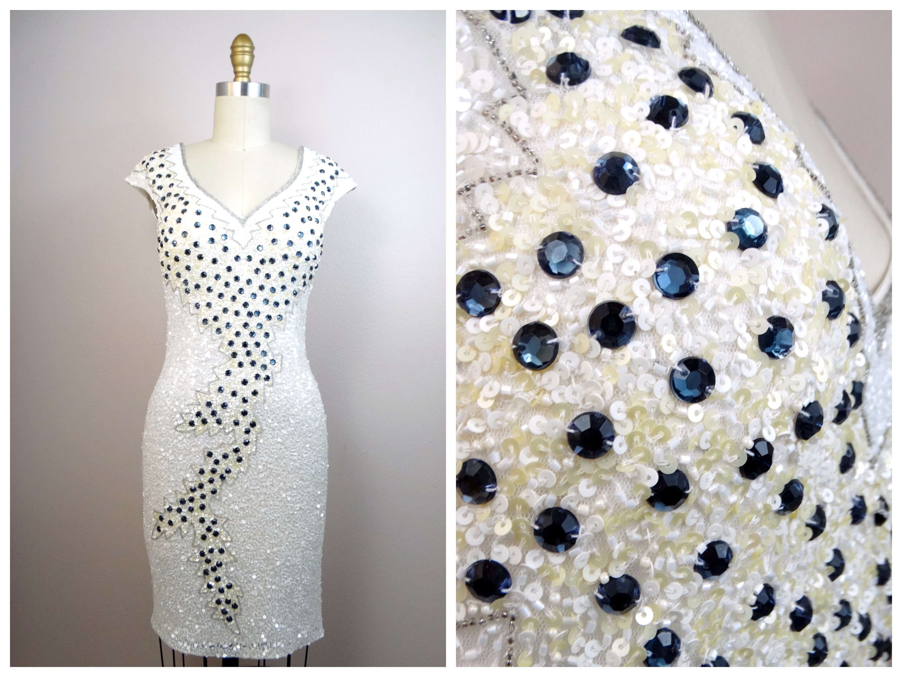 Sapphire Bejeweled White Sequin Dress / Gemstone Beaded