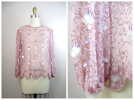 70s 80s Paillette Fringe Beaded Sheer Balloon Sle… - image 6