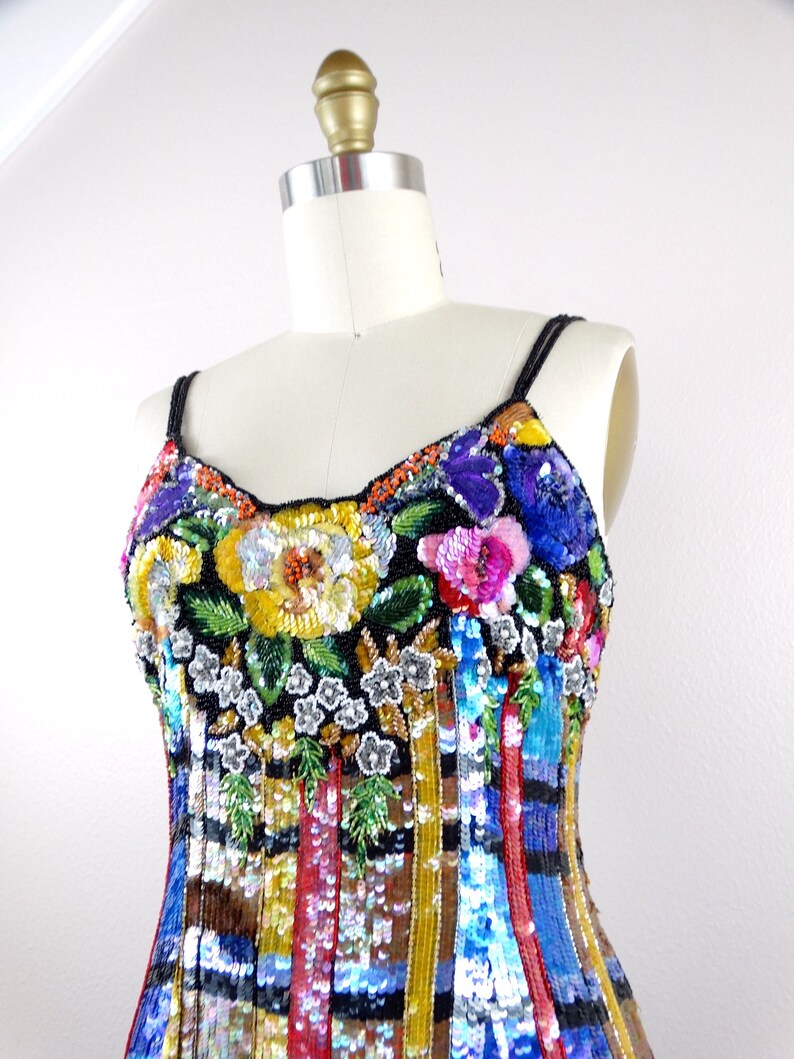 90s Couture Sequin Dress by Naeem Khan / Retro Floral Rainbow - Etsy