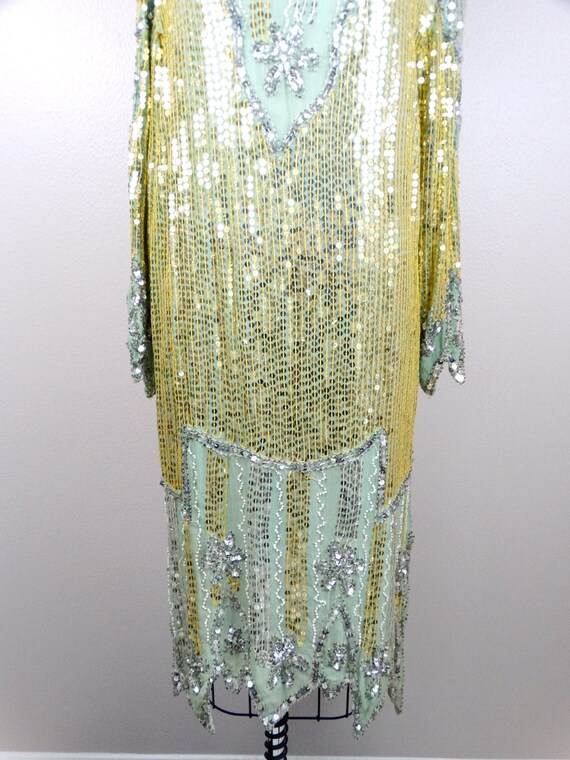 Gold and Silver Sequin Beaded Dress / Sage Silk S… - image 3