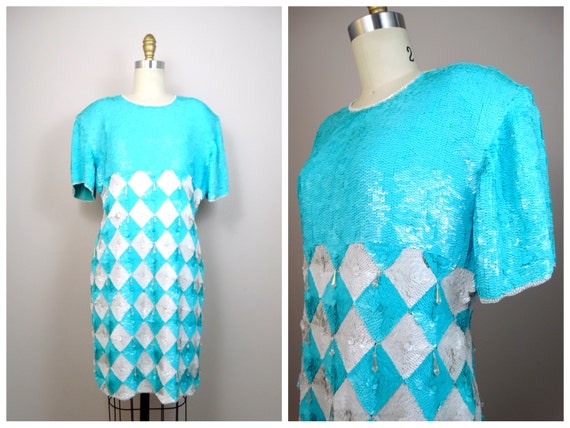 RARE Arctic Sequin Dress • Aqua Neon Blue and Whi… - image 7
