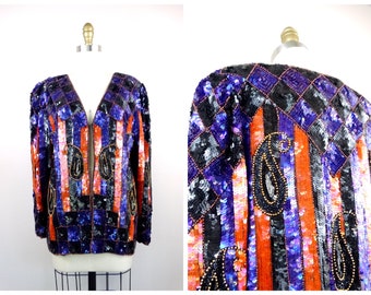 Mardi Gras Party Orange Purple and Gold Beaded Sequined Evening Cardigan / Vintage Sequin Jacket