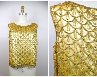 50er 60er MOD Fransen Top / 1950er 1960er Gold Perlen Top