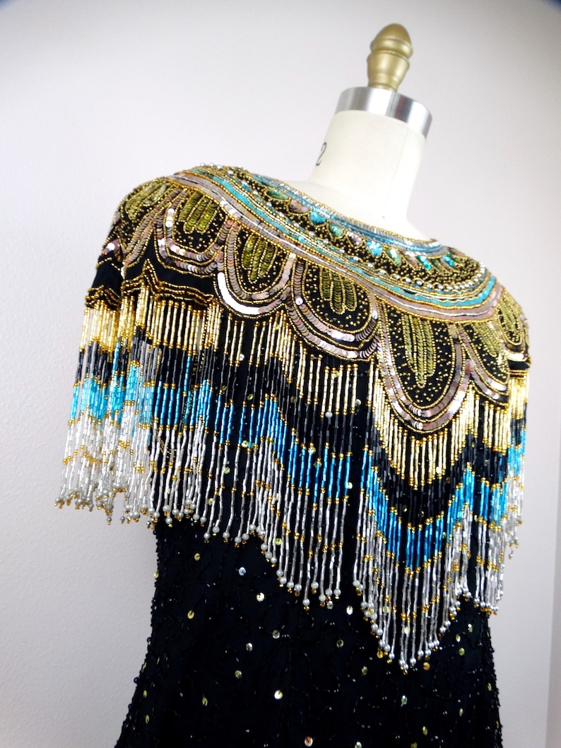 80s Gold Fringed Beaded Sequin Dress // Fringe Gatsby Flapper Dress // Gold Embellished Mini Dress image 3