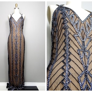 Vintage Art Deco Beaded Sequin Gown, Sheer Illusion Gatsby Dress XS Small