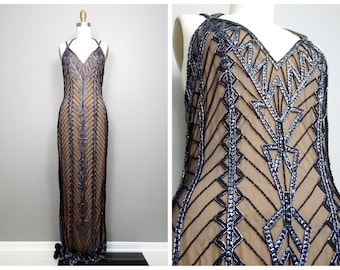 Vintage Art Deco Beaded Sequin Gown, Sheer Illusion Gatsby Dress XS Small