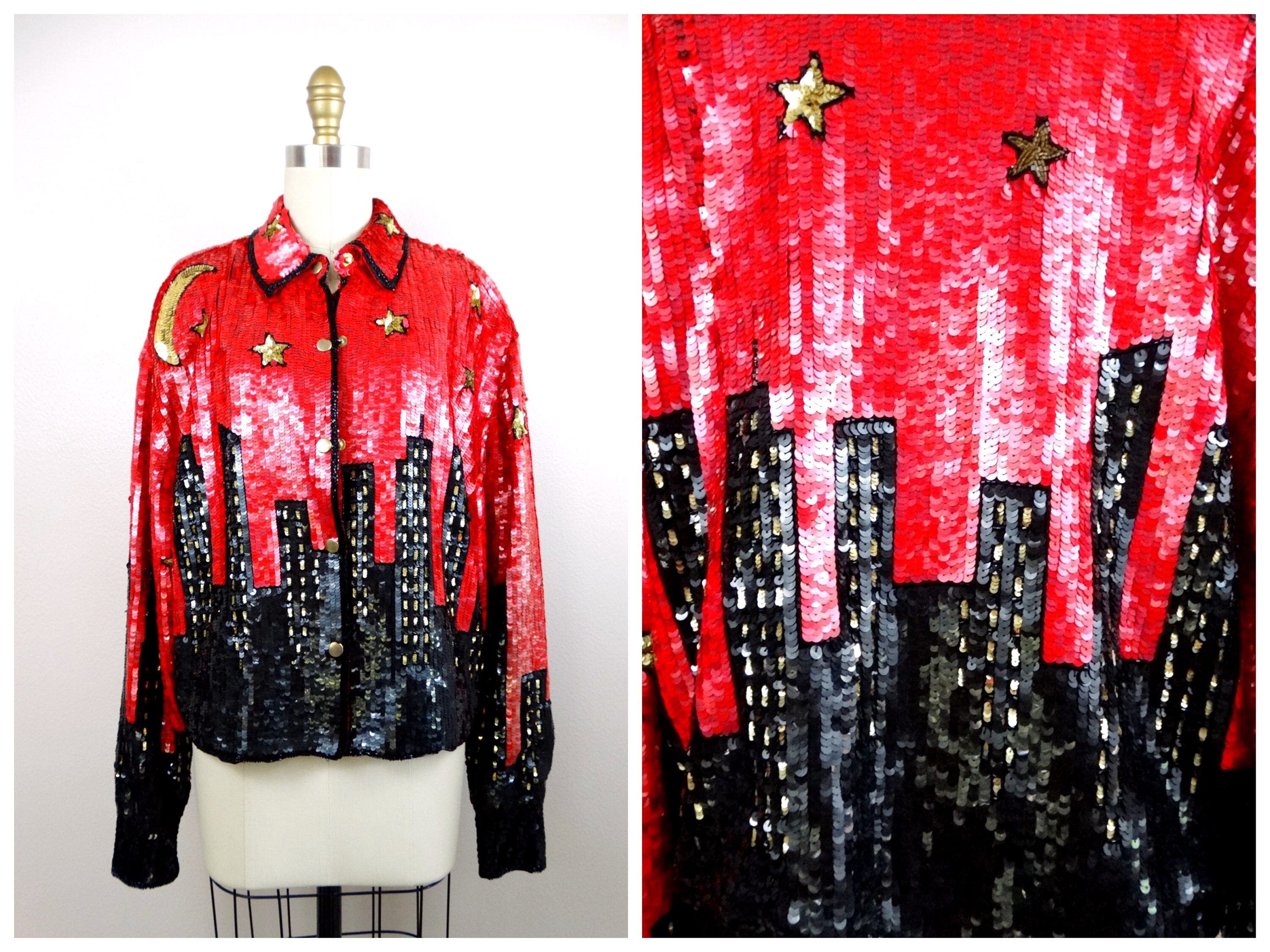Vintage Sequin Jacket: Starry City Skyline, Red Button-down - Etsy