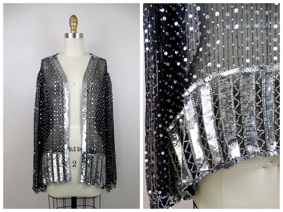 Art Deco Reflective Sequin Shrug // Sheer Black S… - image 1