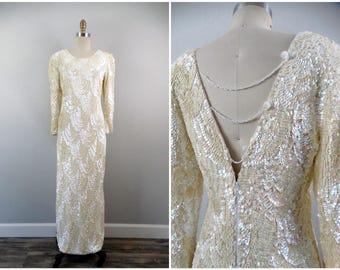 Art Deco Iridescent Sequin Gown • Ivory Beaded Vintage Dress