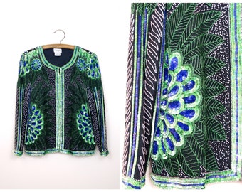 Chaqueta Art Deco con lentejuelas y cuentas en la parte superior abierta // Chaqueta abstracta con lentejuelas en azul pavo real y verde