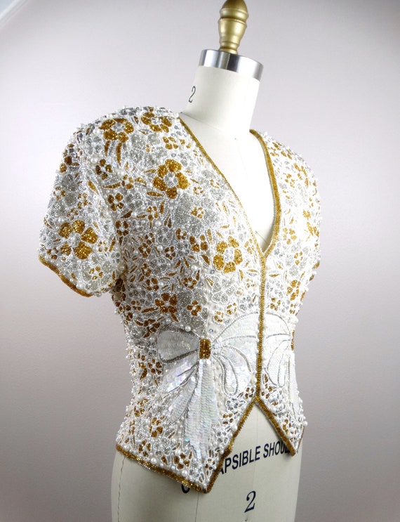 Pearl Beaded Vintage Couture Top // Gold Silver W… - image 2