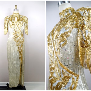 DAZZLING Beaded Fringe Gown // Avant Garde Vintage Couture Silver and Gold Beaded Sequined Dress