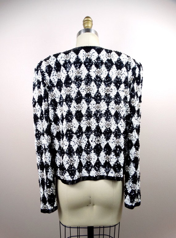 VTG Pearl Beaded Black and White Sequined Jacket … - image 6