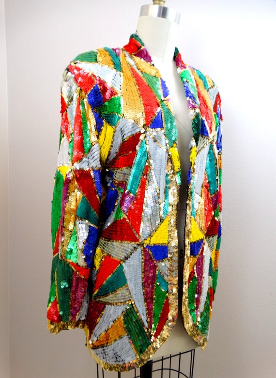 Mosaic Sequin Vintage Jacket / Colorful Fully Emb… - image 6