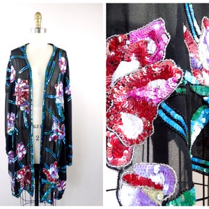 L/XL Exotic Floral Beaded Sequin Dress Jacket // Botanical Turquoise Pink and Purple Sequined Sheer Silk Duster