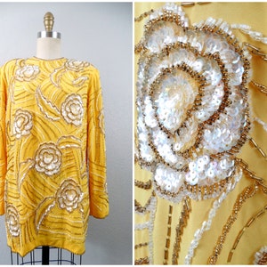 80s 90s Gold Beaded Mini Dress • Bright Yellow Floral Embellished Long Sleeve Tunic Top • Iridescent Sequin Micro Mini Dress