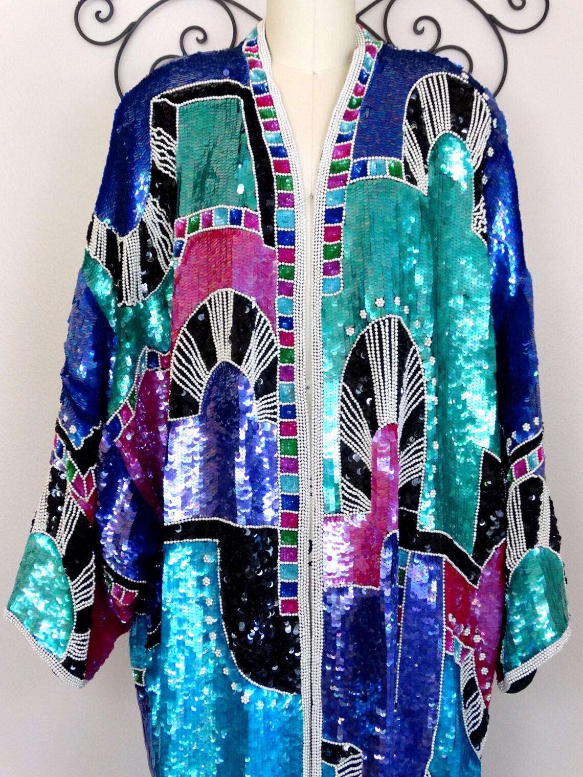 Art Deco Sequin Kimono Jacket / Boho Novelty Open Kaftan / Etsy