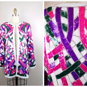 L/XL Pink Purple & White Sequin Beaded Long Jacket / Bright Sequined Embellished Silk Cardigan Large image 1