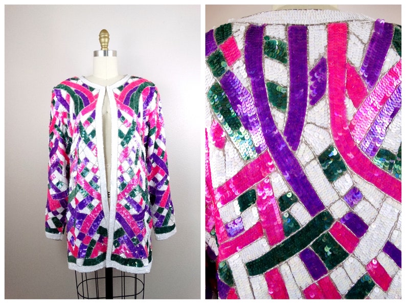 L/XL Pink Purple & White Sequin Beaded Long Jacket / Bright Sequined Embellished Silk Cardigan Large image 1