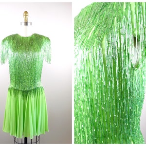 Heavily Beaded Fringe Dress // Lime Green Tassel Bead Dress // Dripping Embellished Cocktail Dress