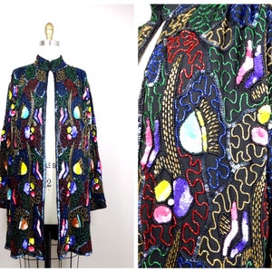L/XL Multicolored Sequin Duster Jacket / Colorful Sequined Beaded Long Dress Coat