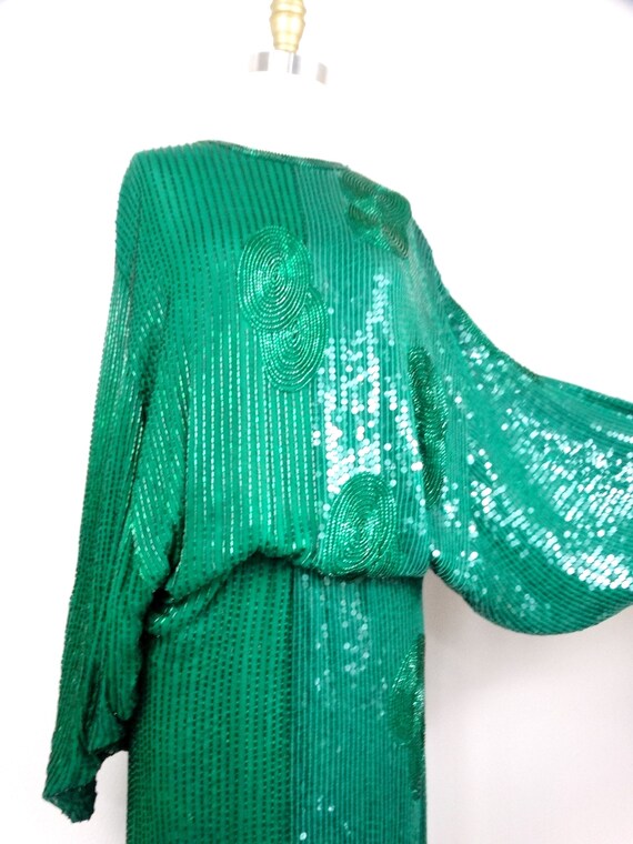 Emerald Green Sequin Gown, Heavily Beaded Silk Formal - Gem