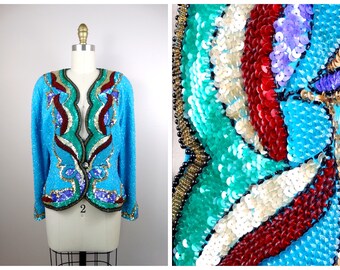 M/L Oleg Cassini Beaded Jacket / Bright Turquoise Blue Beaded Sequined Blazer / Ornate Sequin Evening Jacket by Black Tie