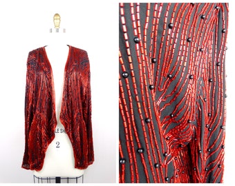 Neiman Marcus Couture Beaded Jacket // Red Bead Embellished Evening Cardigan Top Shrug Medium