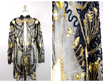 L/XL Art Deco Gold Beaded Sequin Duster / Sheer Black Embroidered Netted Mesh Sequin Embellished Long Jacket XL