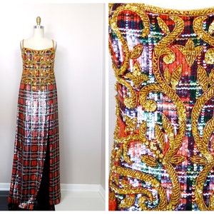 ESCADA Couture Sequin Gown / Gold Beaded Floor Length Dress w/ Thigh High Slit -- RARE Deadstock Old Stock Vintage