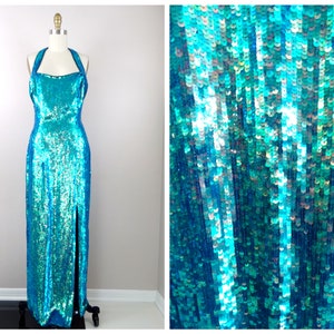 Iridescent Mermaid Sequin Gown / Opalescent Blue Green Chameleon Sequined Dress image 1