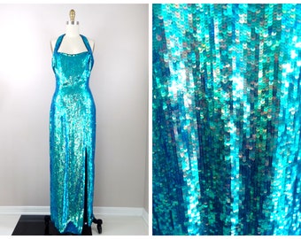 Iridescent Mermaid Sequin Gown / Opalescent Blue Green Chameleon Sequined Dress