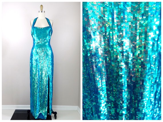 Iridescent Mermaid Sequin Gown / Opalescent Blue … - image 1