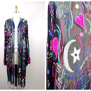 Moon & Stars Pailletten Lange Jacke // Pink Hearts Pailletten Perlen Sheer Duster by Judith Ann
