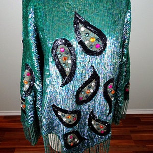 RARE Haute Couture Sequined Fringe Beaded Poncho / Jade Green Art Deco Jewel Encrusted Sequin Embellished Cape Top image 2